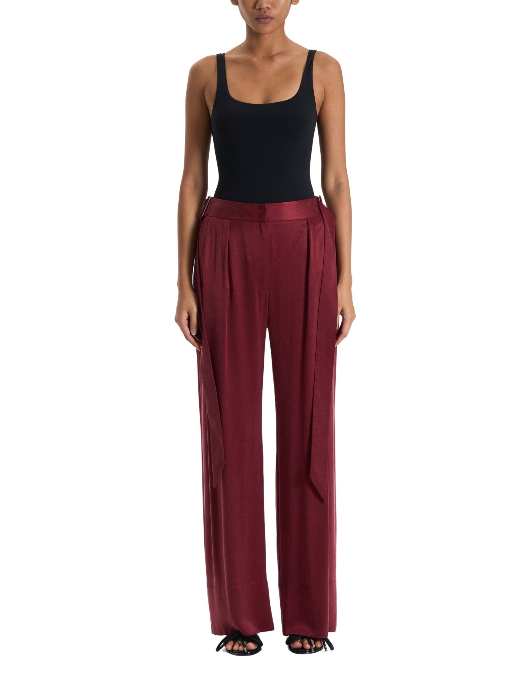 Burgundy belted palazzo trousers