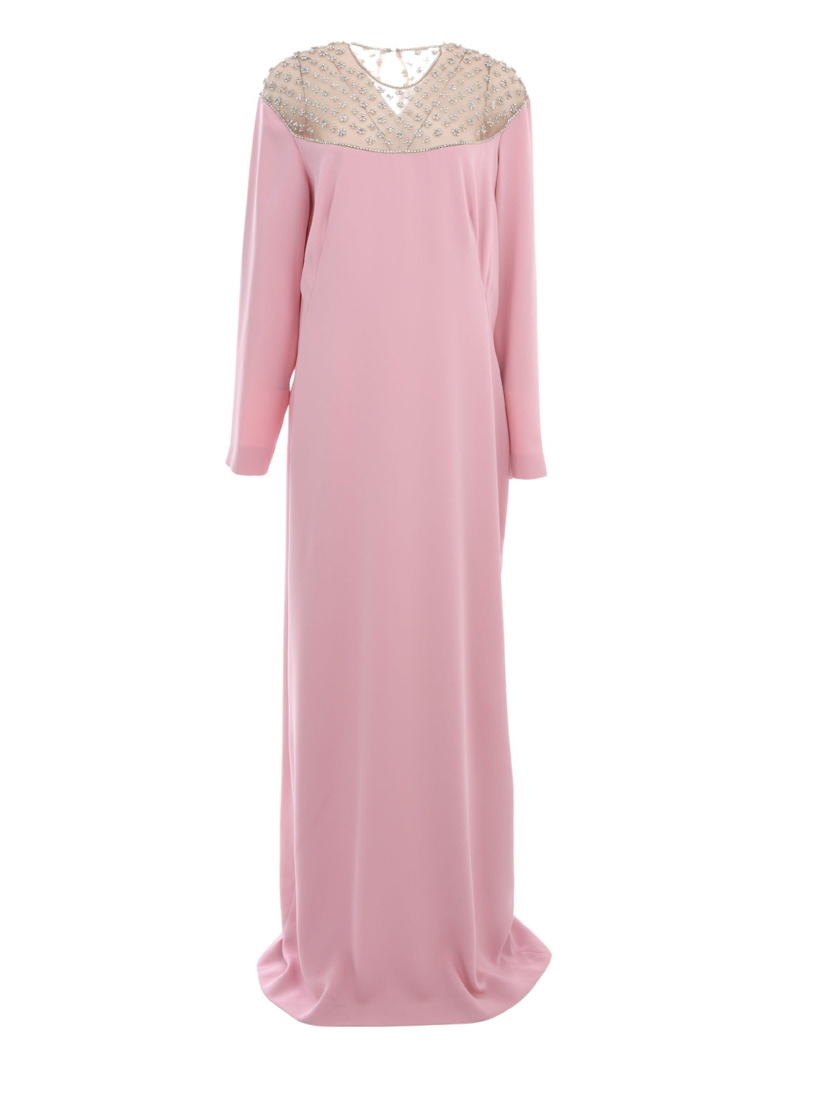 Raisa crepe long-sleeve gown with crystal-embellished tulle illusion neckline