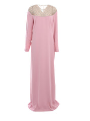 RAISA CREPE LONG-SLEEVE GOWN WITH CRYSTAL-EMBELLISHED TULLE ILLUSION NECKLINE