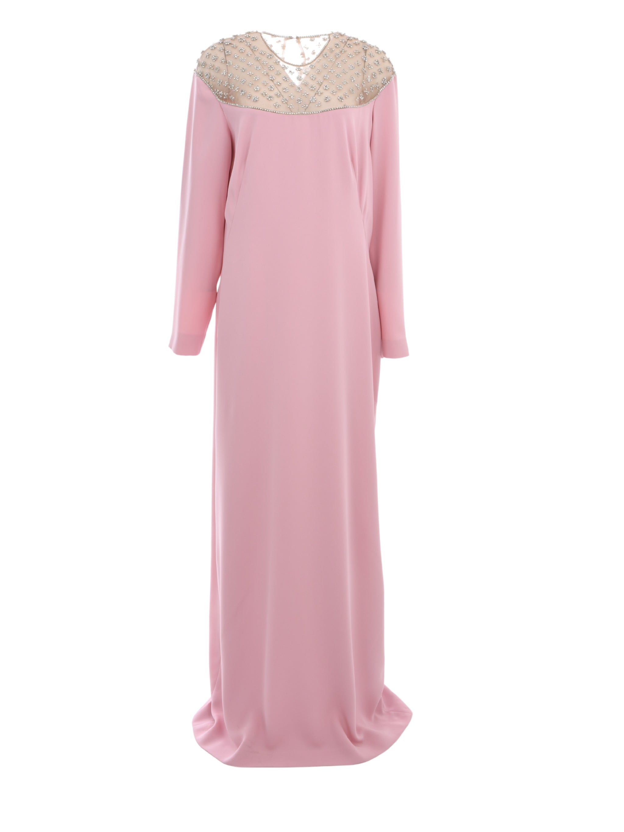 RAISA CREPE LONG-SLEEVE GOWN WITH CRYSTAL-EMBELLISHED TULLE ILLUSION NECKLINE