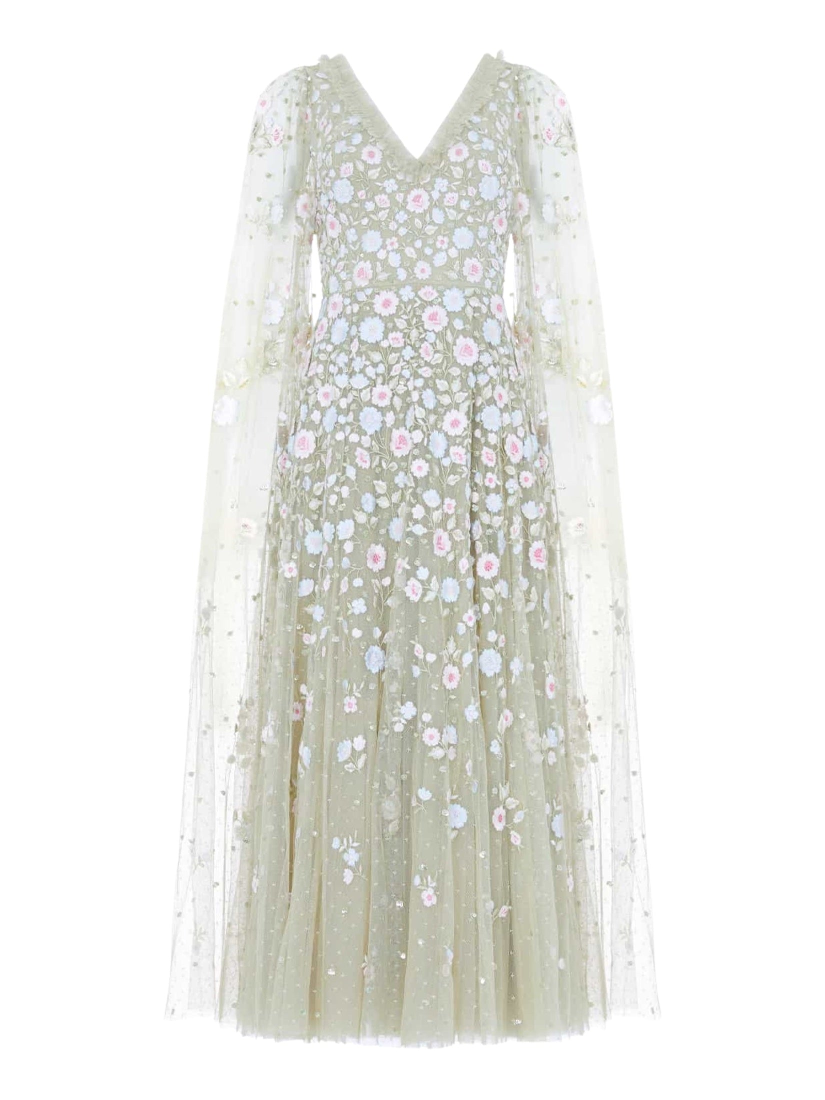 Ethereal blooms cape sleeve ankle gown