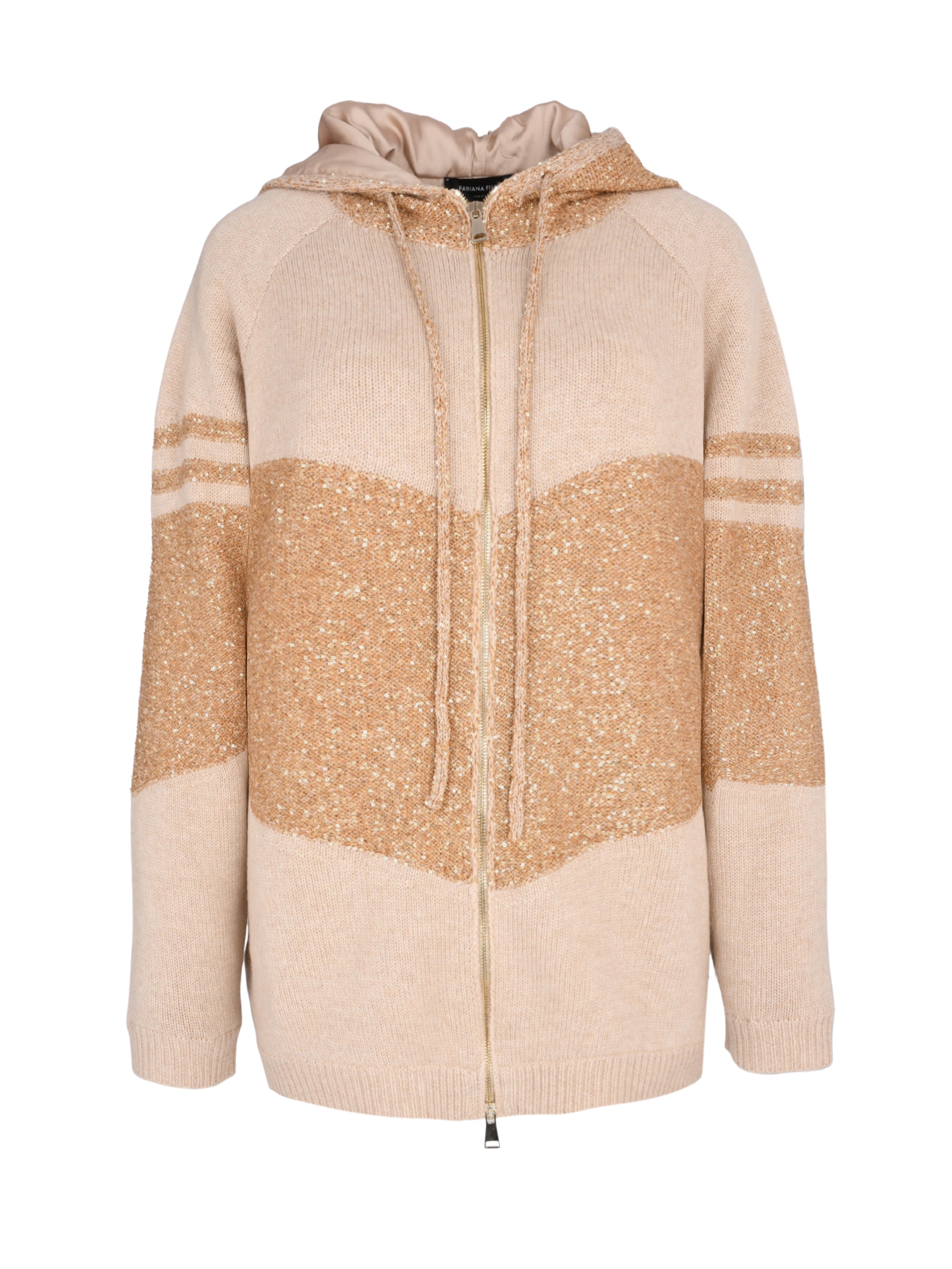 PLATINUM HOODED SWEATER WITH SEQUIN GEOMETRIC INTARSIA