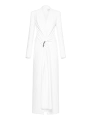 Fitted suit coat featuring front draping accentuated by a premium metal accessory detail