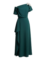 Green Hand-Embroidered Asymmetric Pleated-Sleeve Dress