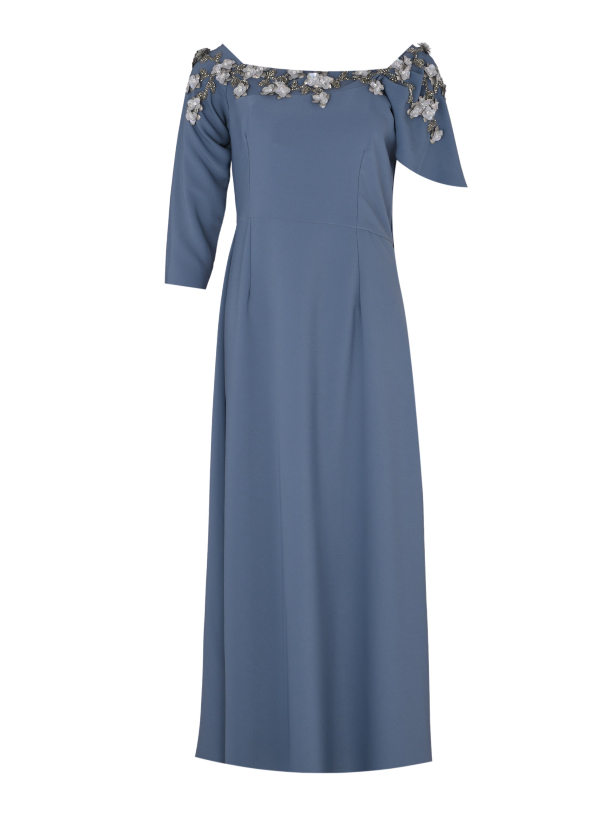 Blue Hand-Embroidered Asymmetric Cape Modest Dress