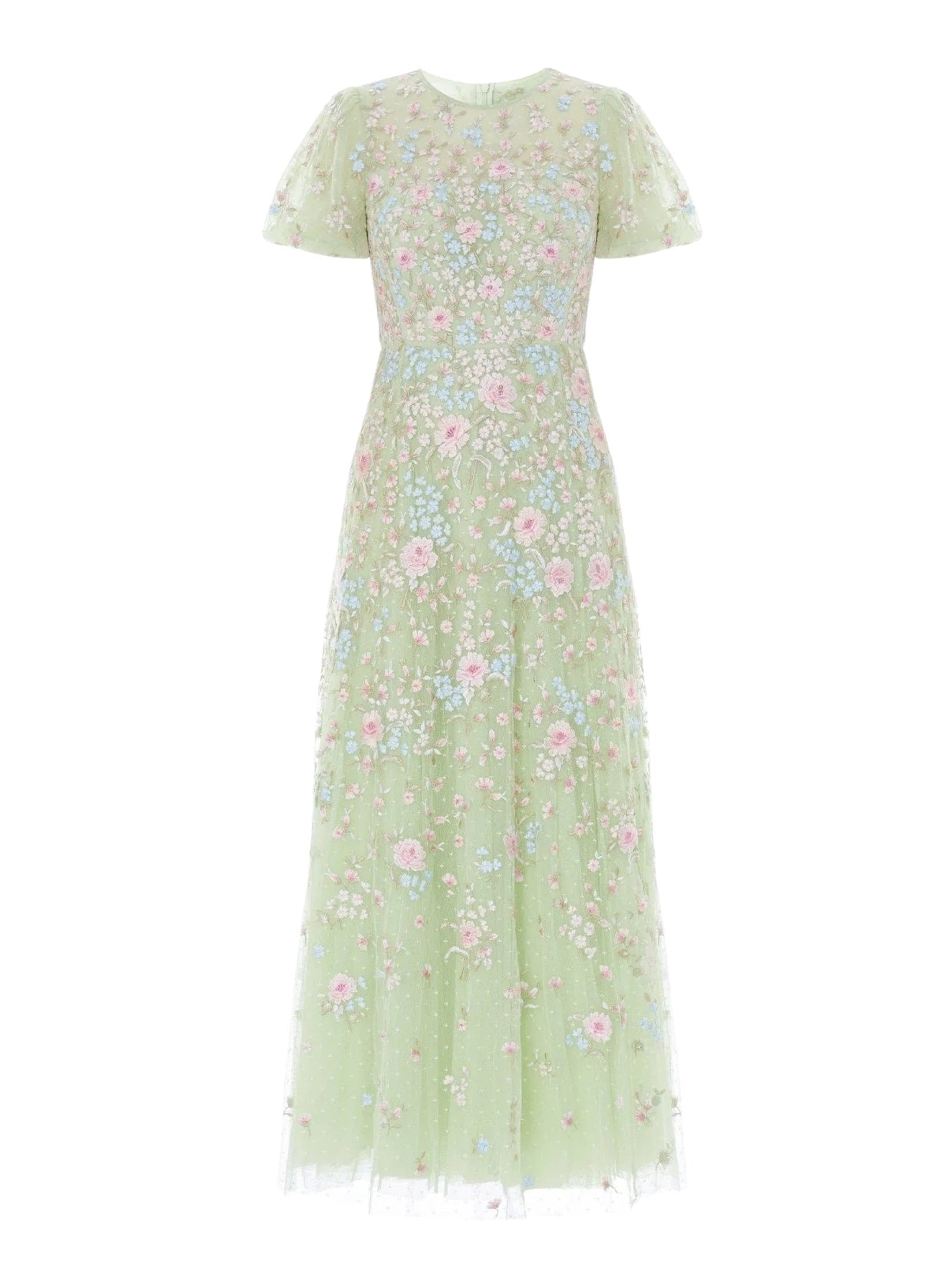 Peony bouquet round neck ankle gown