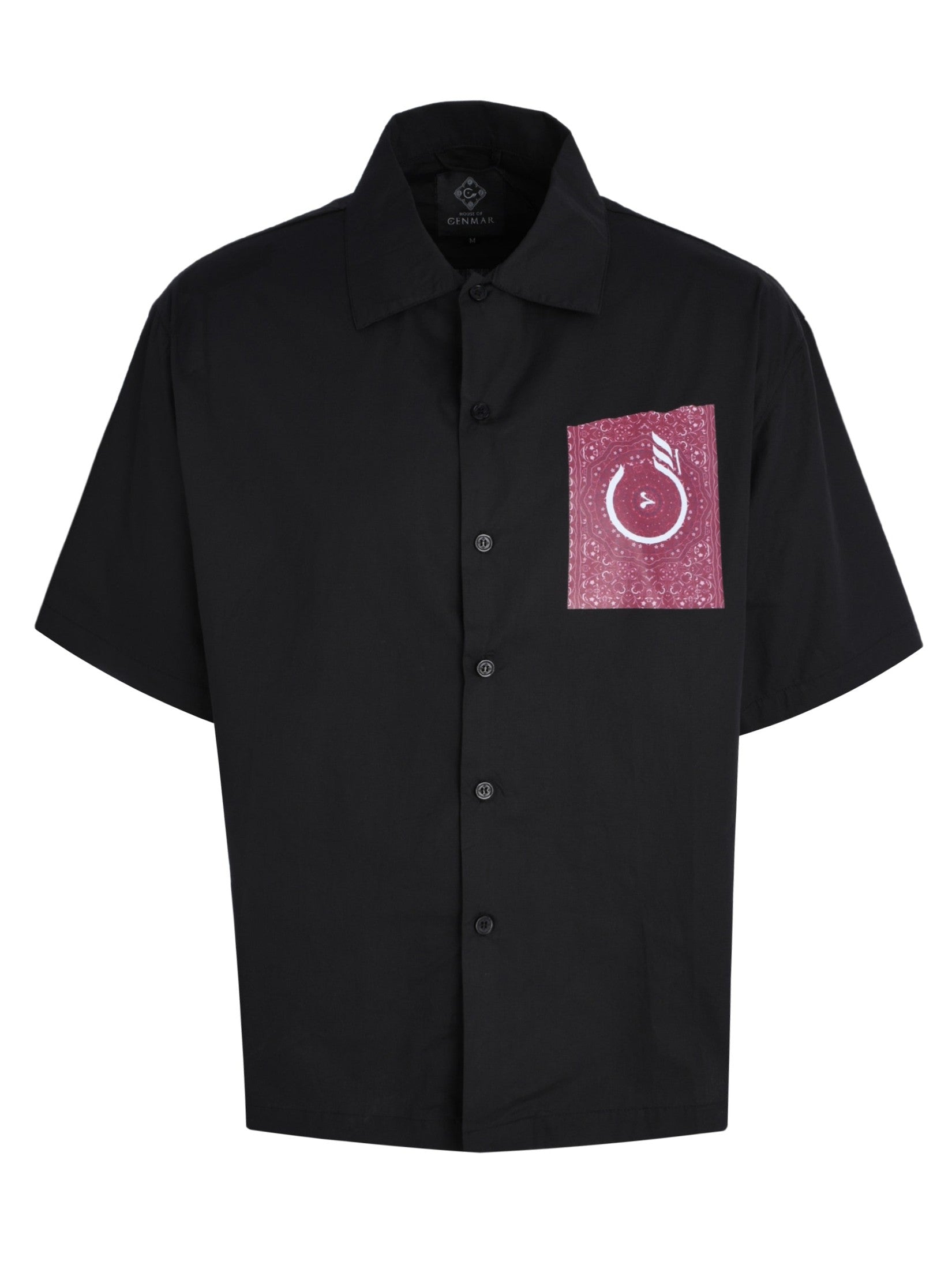 Cenmar black carpet artwork front print shirt.