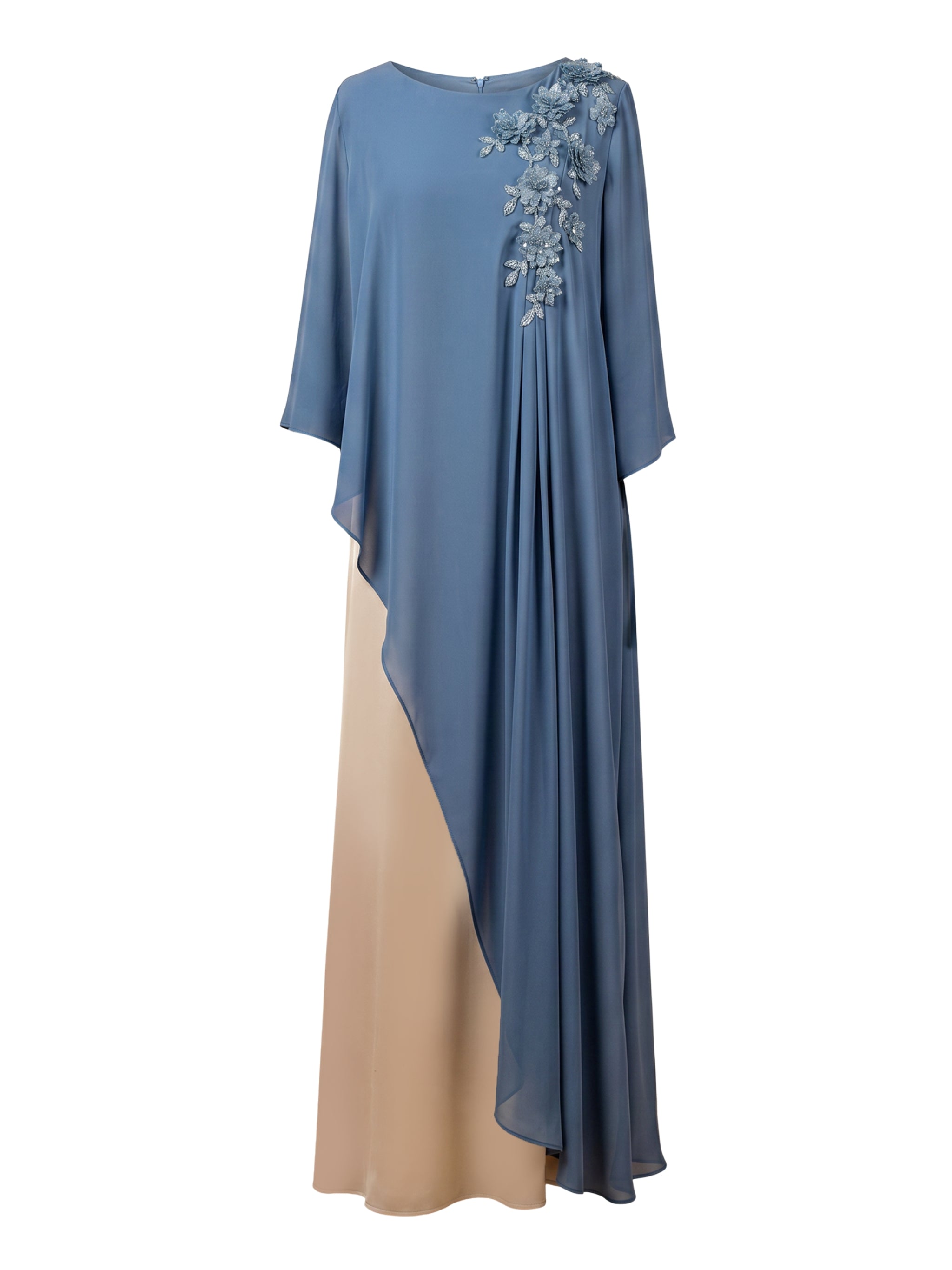 Blue-Beige Hand-Embroidered Pleated Shoulder Modest Dress