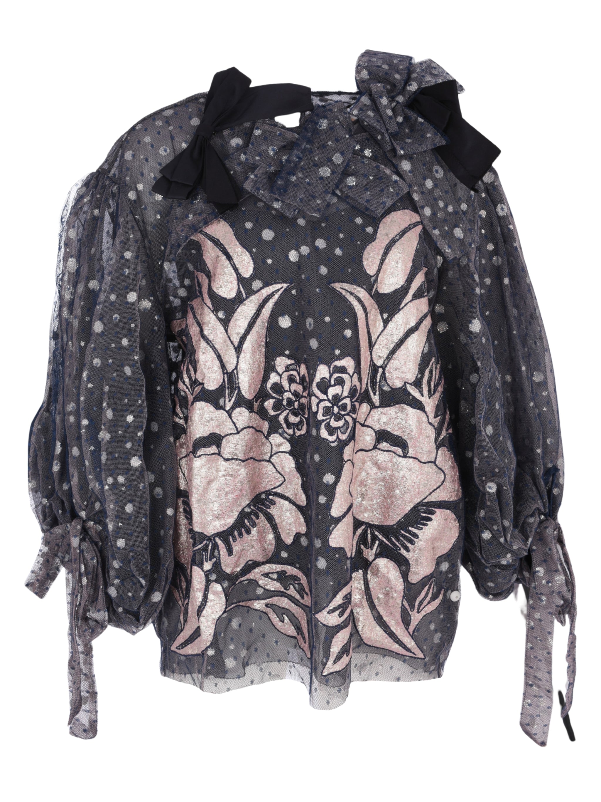 Savi double layer tulle gathered-sleeve blouse with neckline 3d detail and lame embroidery applique