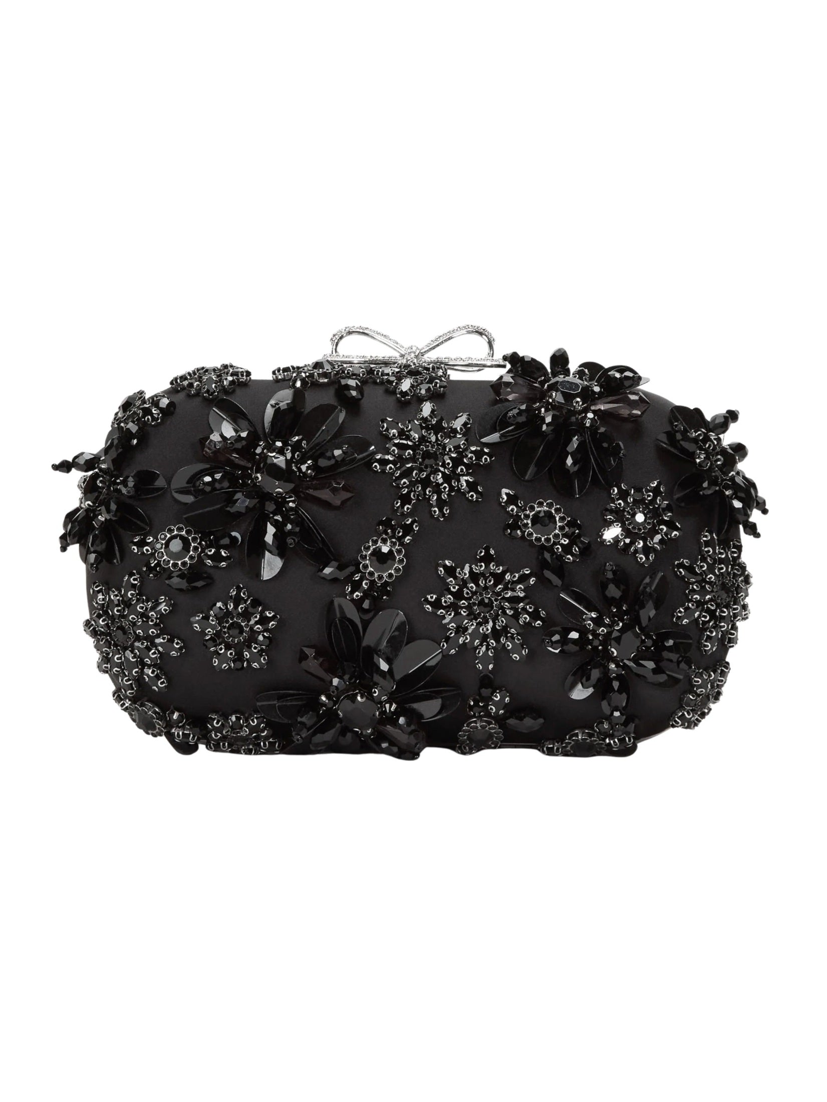 Black satin floral crystal clutch bag