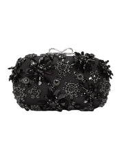 Black Satin Floral Crystal Clutch Bag