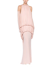 Long voluminous dress featuring a two-layer draped bodice accented with premium metal hardware details
