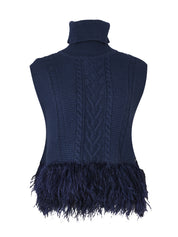 The sleeveless polo neck with feather trim