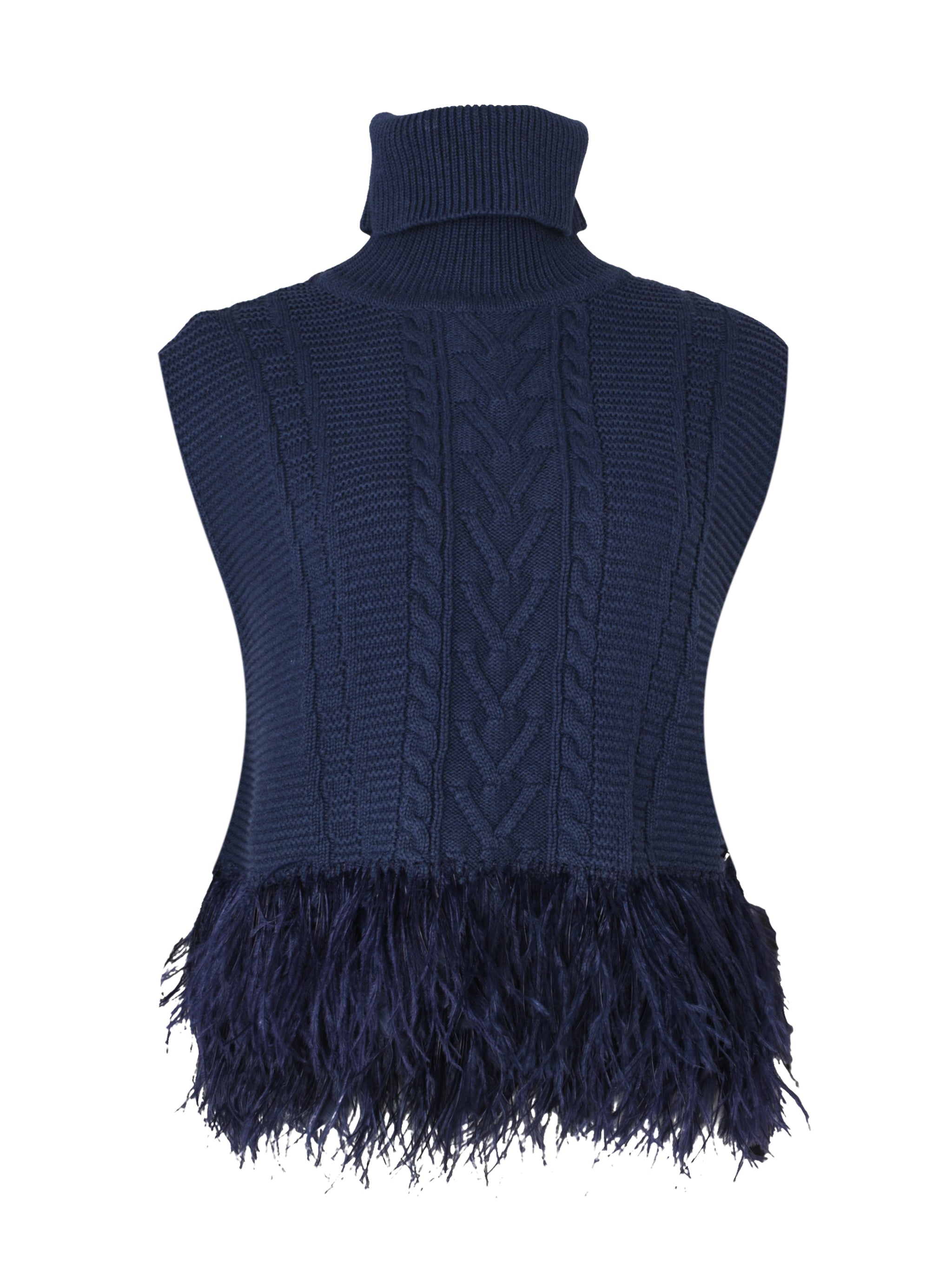 The sleeveless polo neck with feather trim