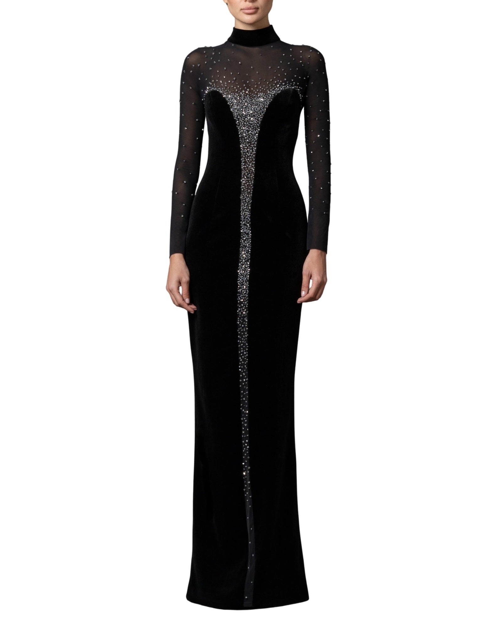 Fitted dress with central crystal embroidery.