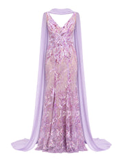Bead embroidered long dress with scarf