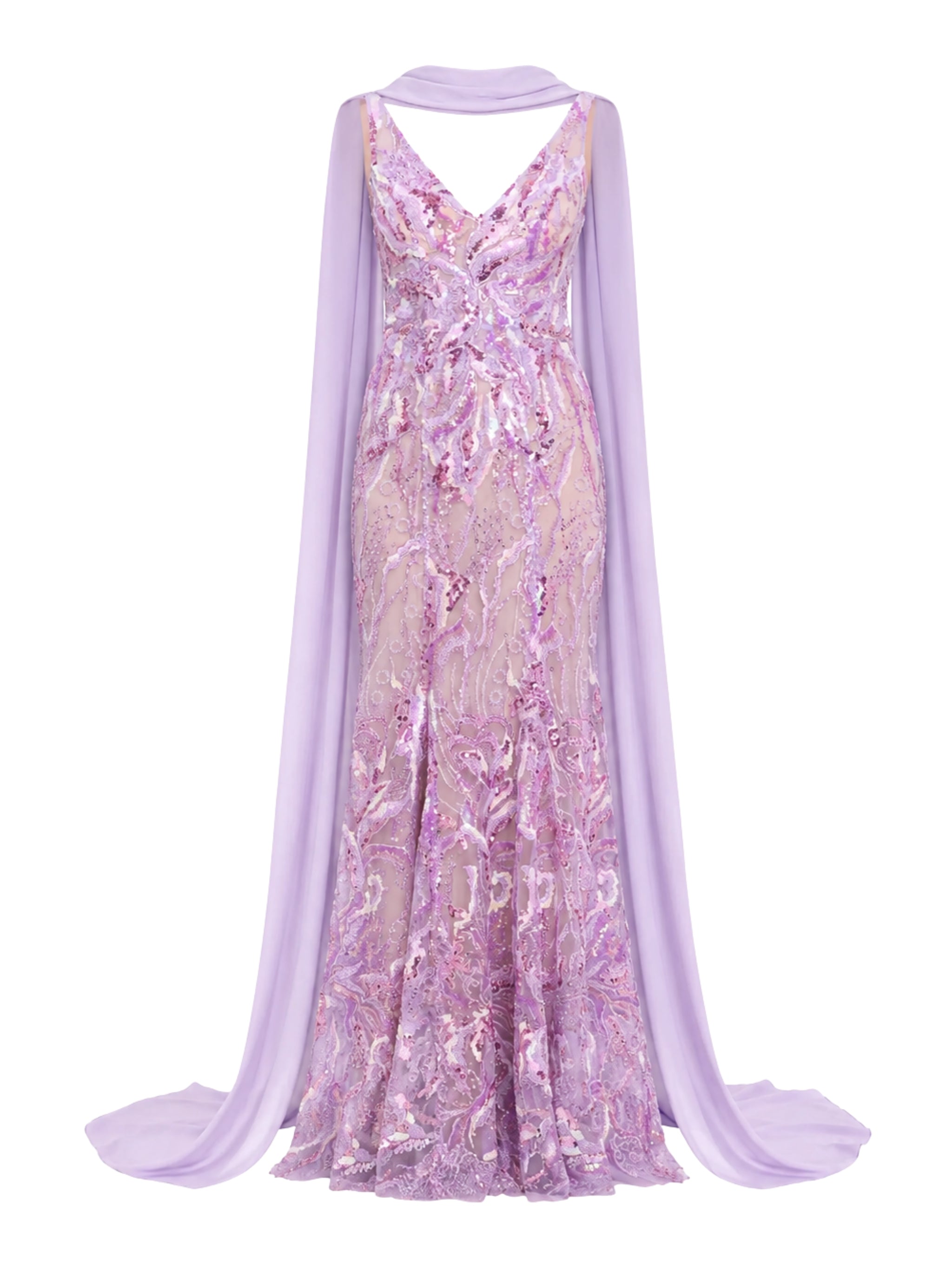 Bead embroidered long dress with scarf