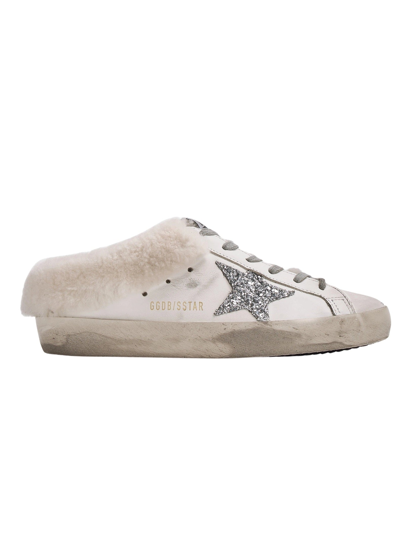 Super-Star Sabots in white leather with shearling lining and silver star