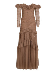 Sequin glimmer rouched off-shoulder gown