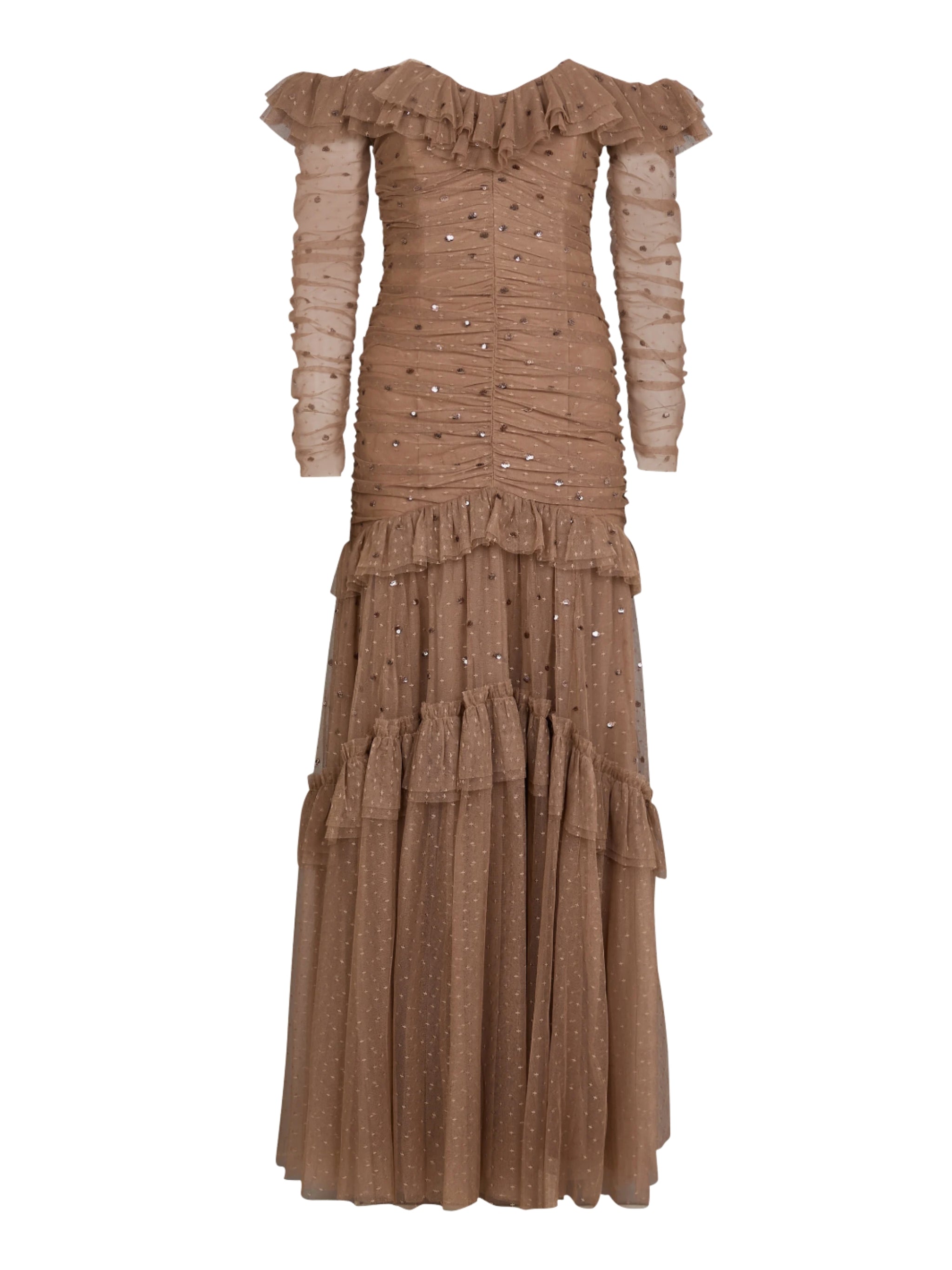 Sequin glimmer rouched off-shoulder gown