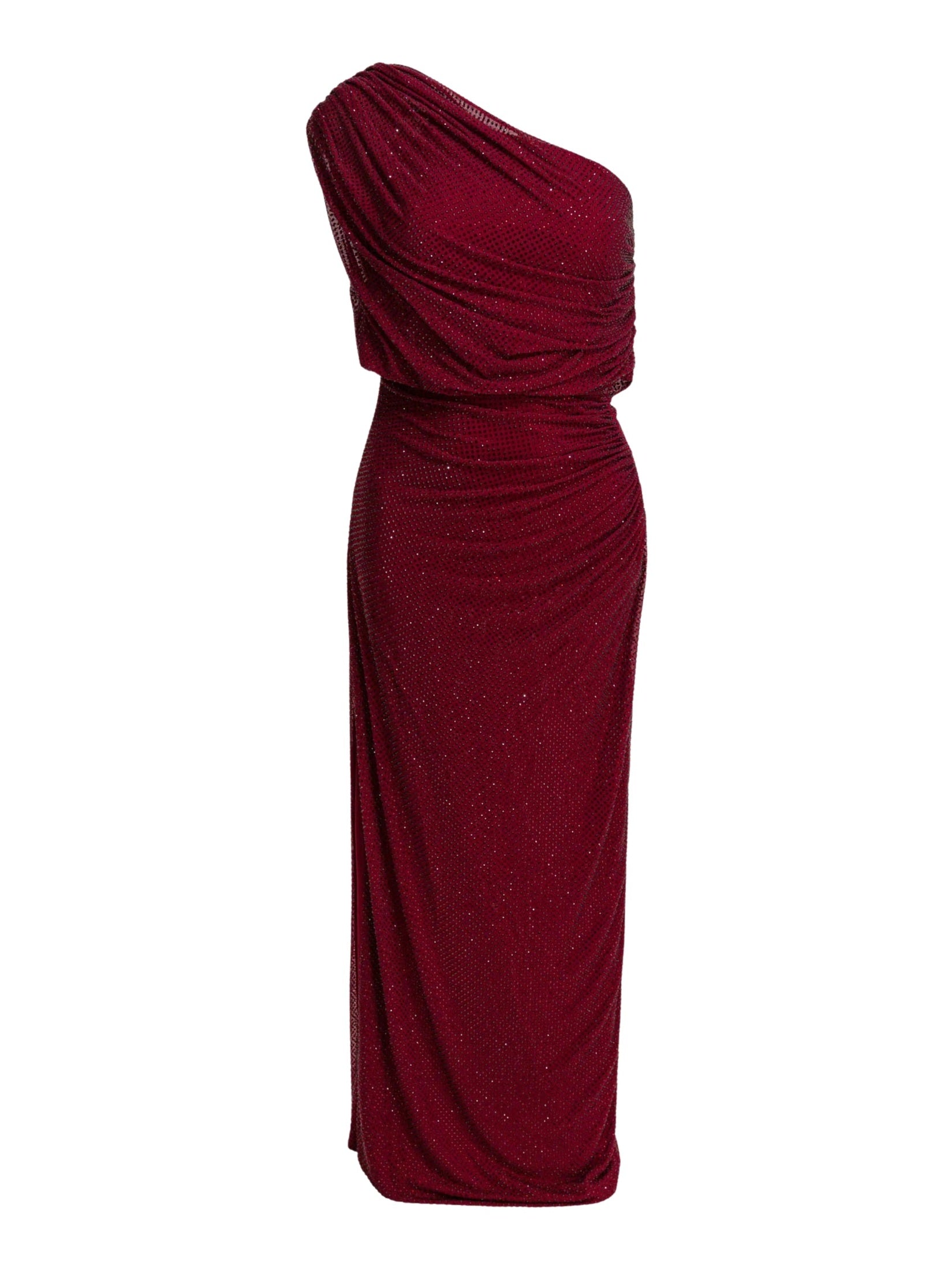 Burgundy rhinestone drape midi dress