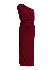 BURGUNDY RHINESTONE DRAPE MIDI DRESS