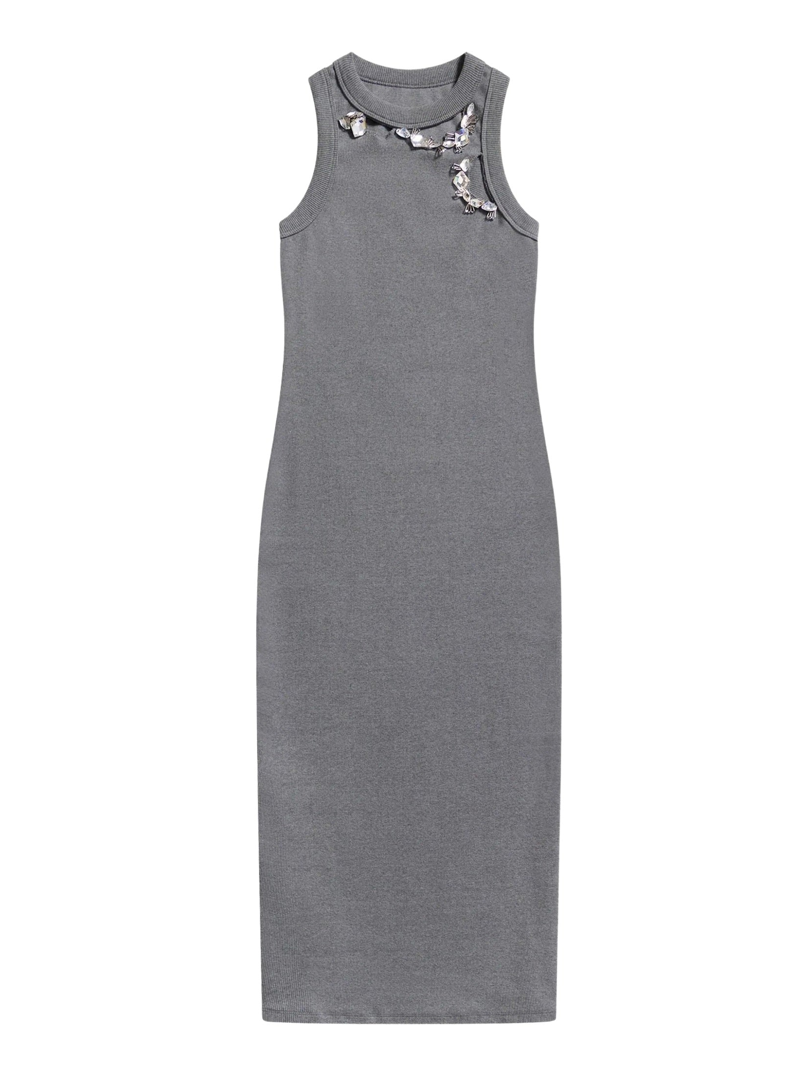 Distressed crystal ribbed knit midi tank dress