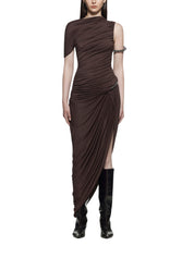 ASYMMETRICAL DRESS WITH RUCHING FLAP AND SIGNATURE
