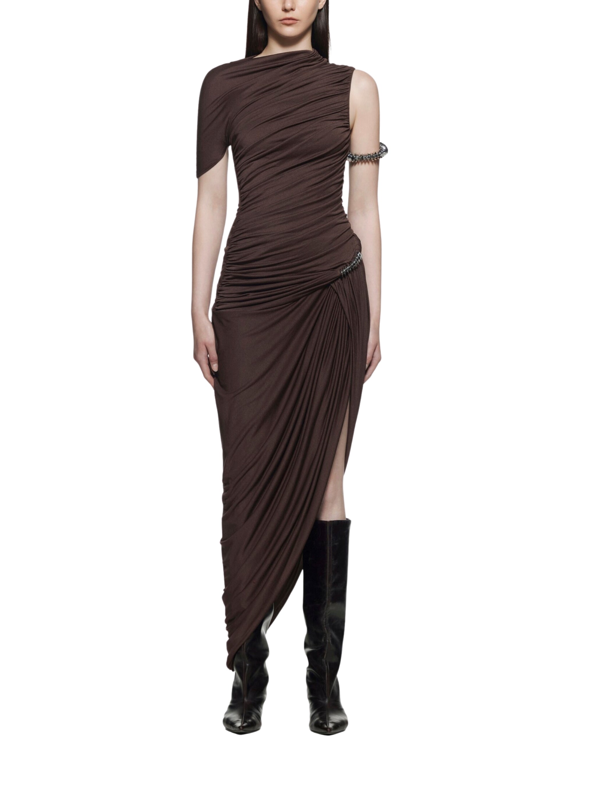 ASYMMETRICAL DRESS WITH RUCHING FLAP AND SIGNATURE