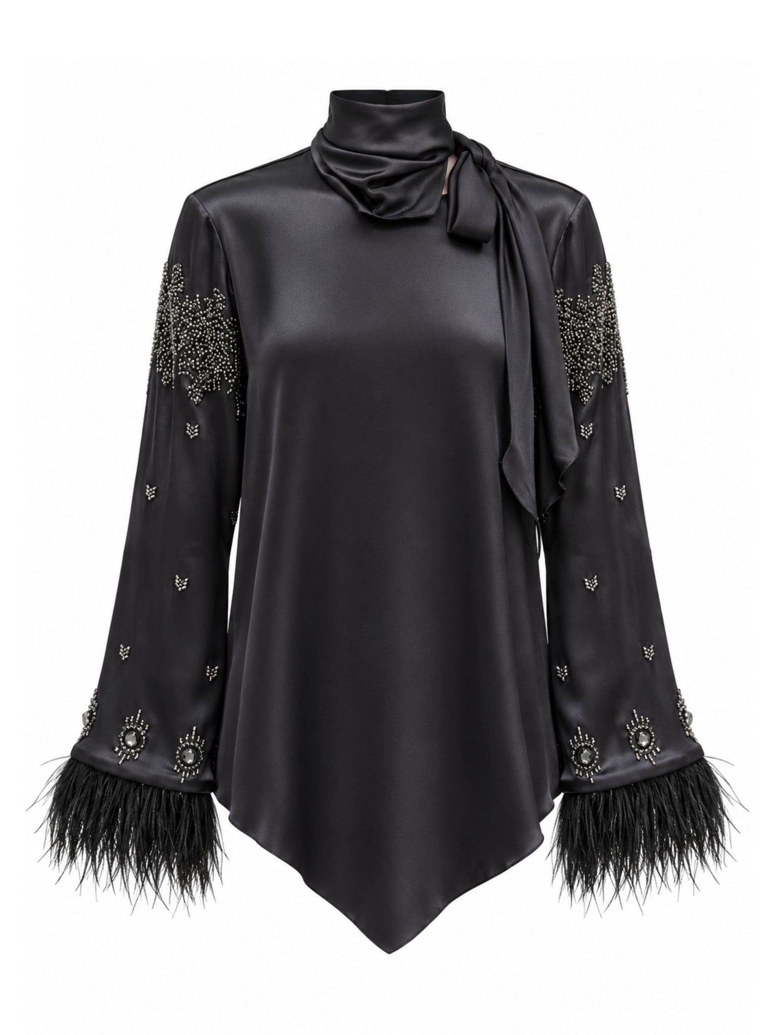 Embroidered and Feather Detailed Satin Blouse