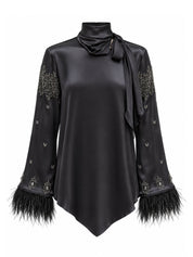 Embroidered and Feather Detailed Satin Blouse
