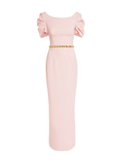 Vanna Long Dress in Pale Pink with Gold
