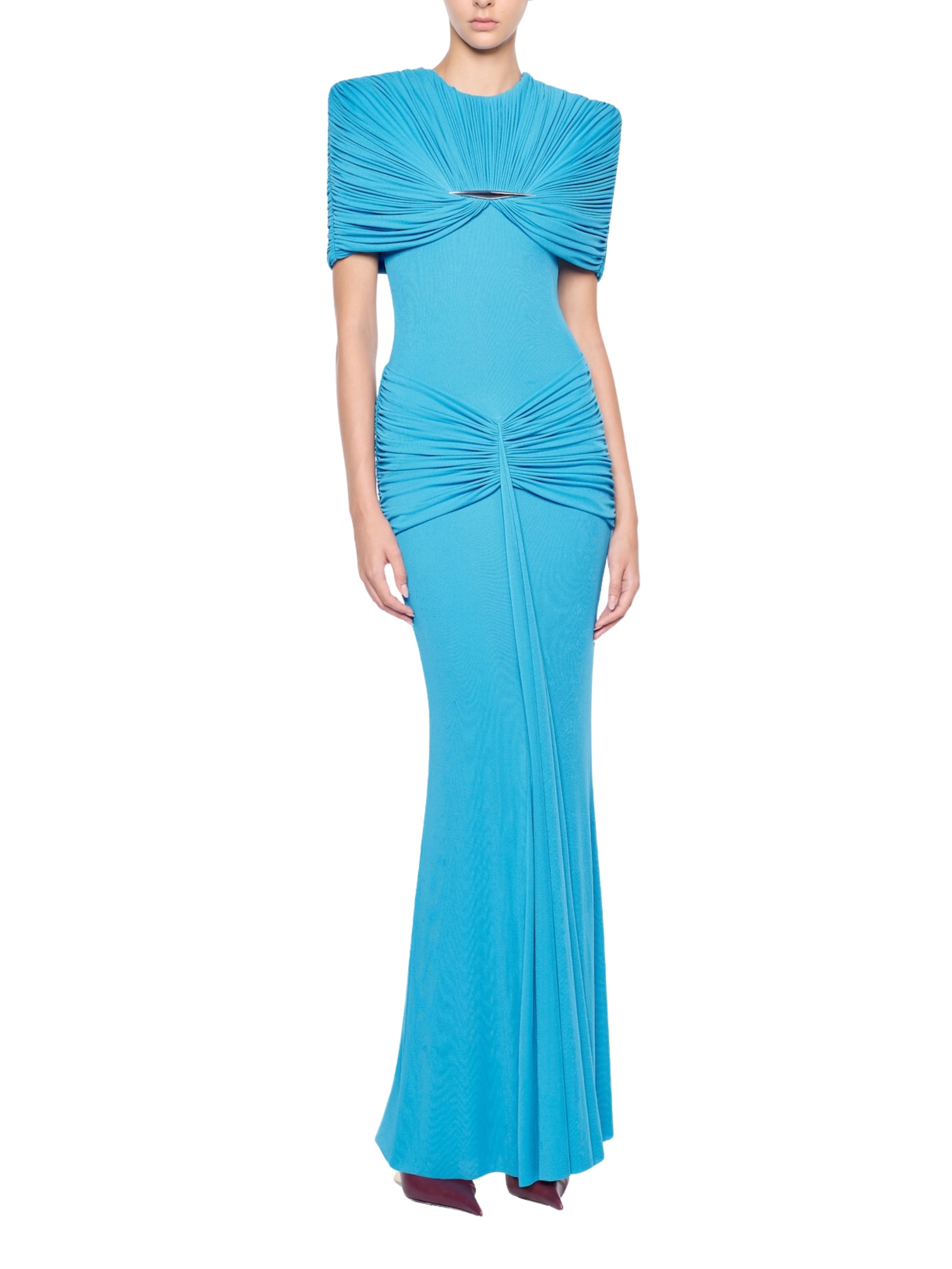 Off-shoulder long dress featuring symmetrical draping at the chest and hips highlighted by a premium metal accessory detail