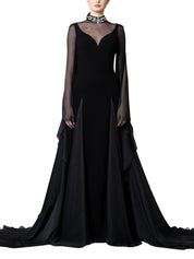 A high-neck gown featuring a crystal-embellished collar and cascading chiffon sleeves with chiffon godets that create a flowing movement.