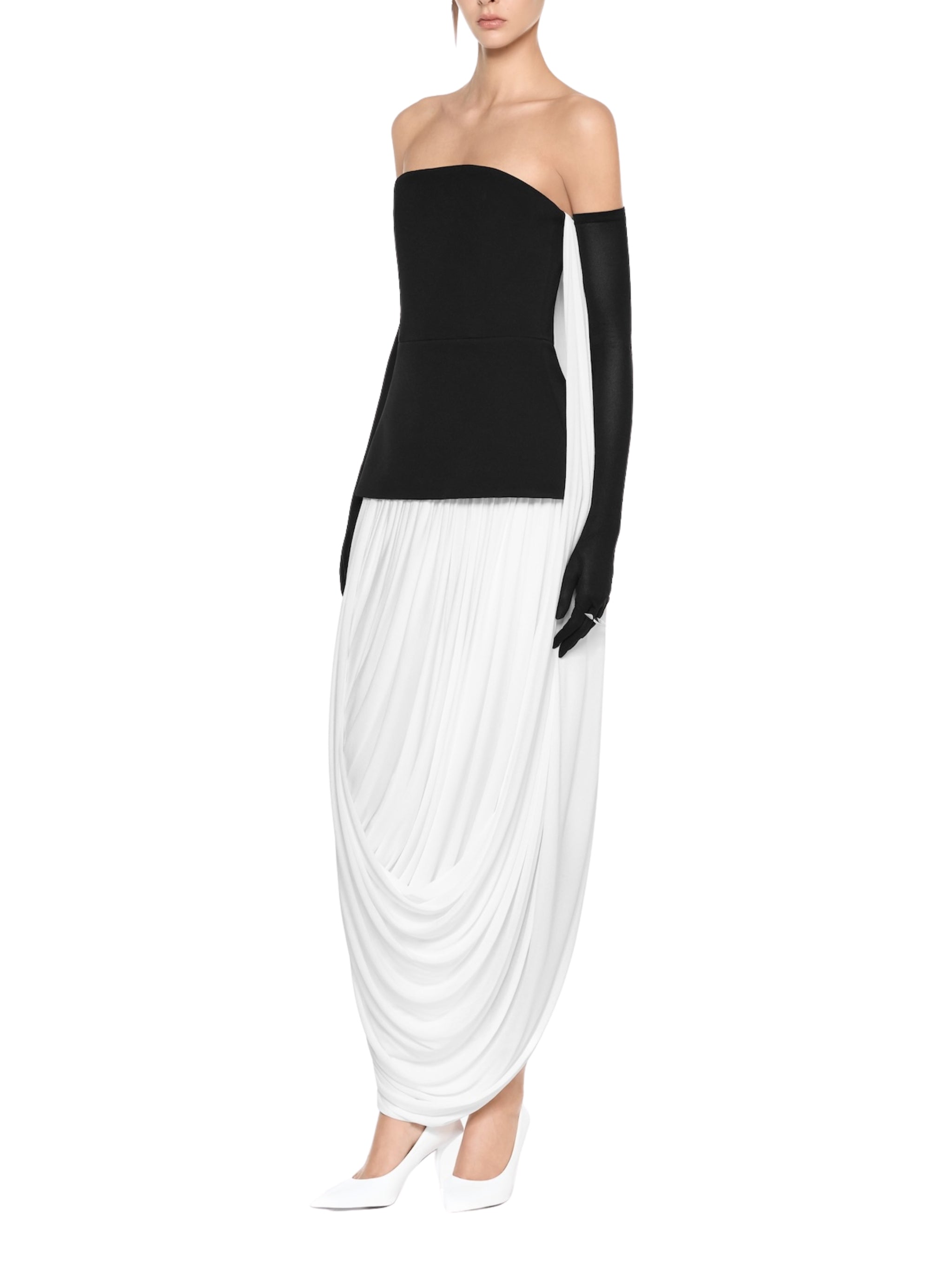 Form-fitting tube dress featuring twisted draping at the waist connecting the front and back panels
