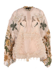 Saru mix organza silk and organza silk print cloak blouse with back gathered peplum