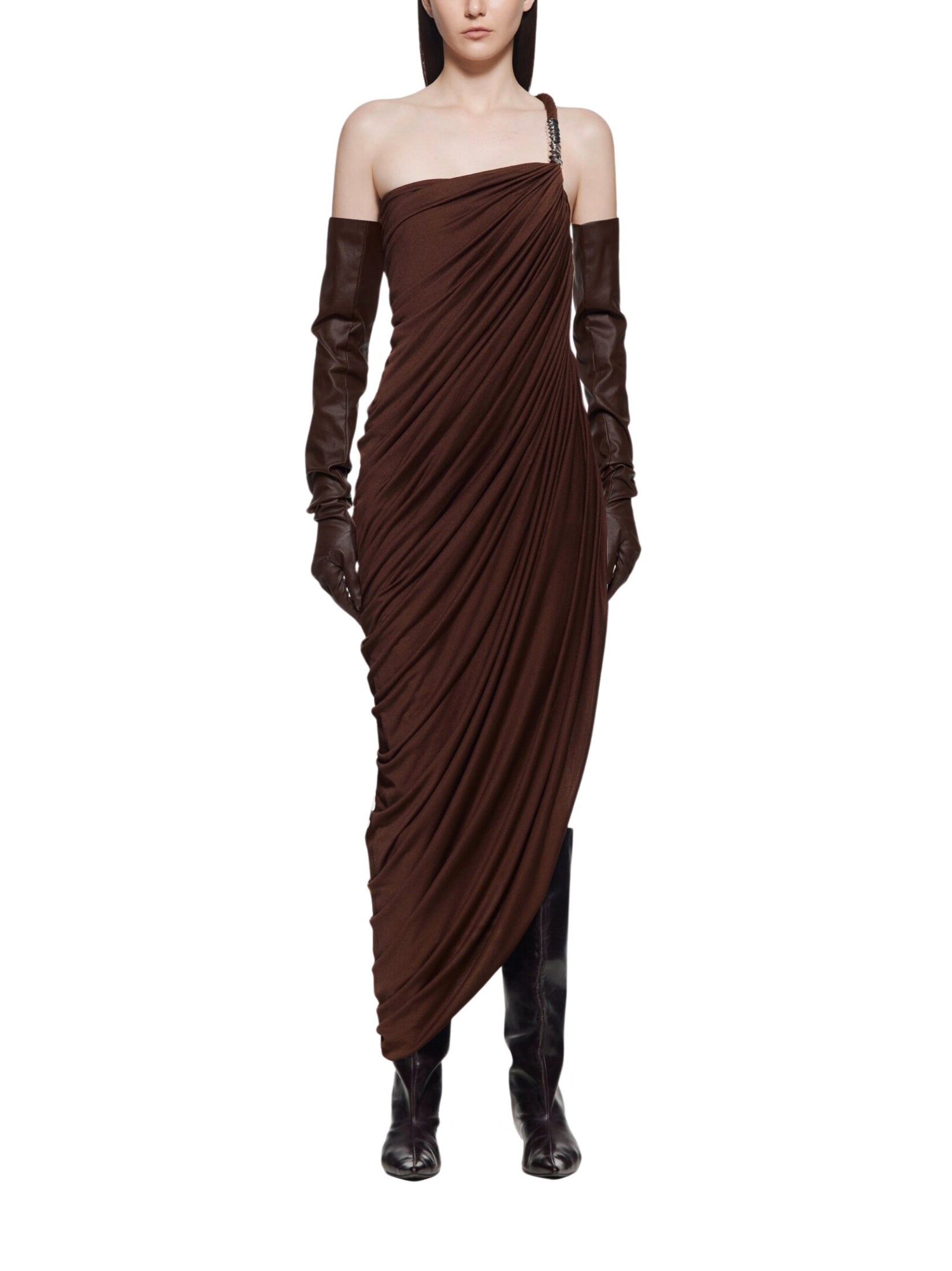 One-shoulder dress with asymmetrical waterfall draping and signature