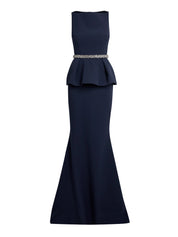 Sleeveless high boatneck gown with flared peplum