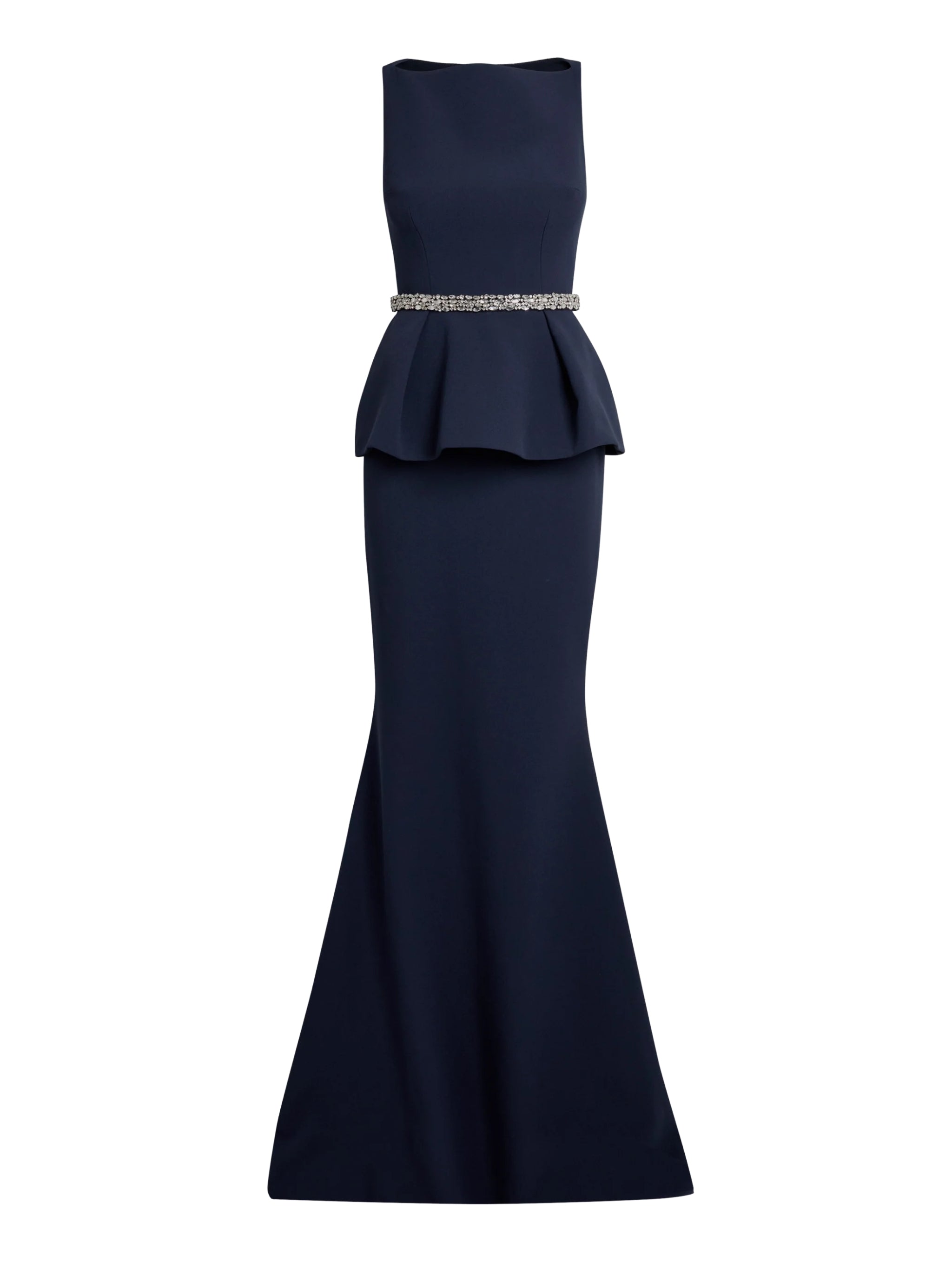 Sleeveless high boatneck gown with flared peplum