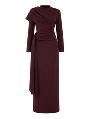 Long sleeves dress strait cut with pleated rap around shoulder short rap