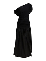 BLACK COTTON DRAPED KNIT MIDI DRESS