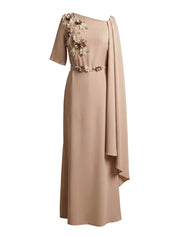 Pink Embroidered Flower & Feather One-Shoulder Dress