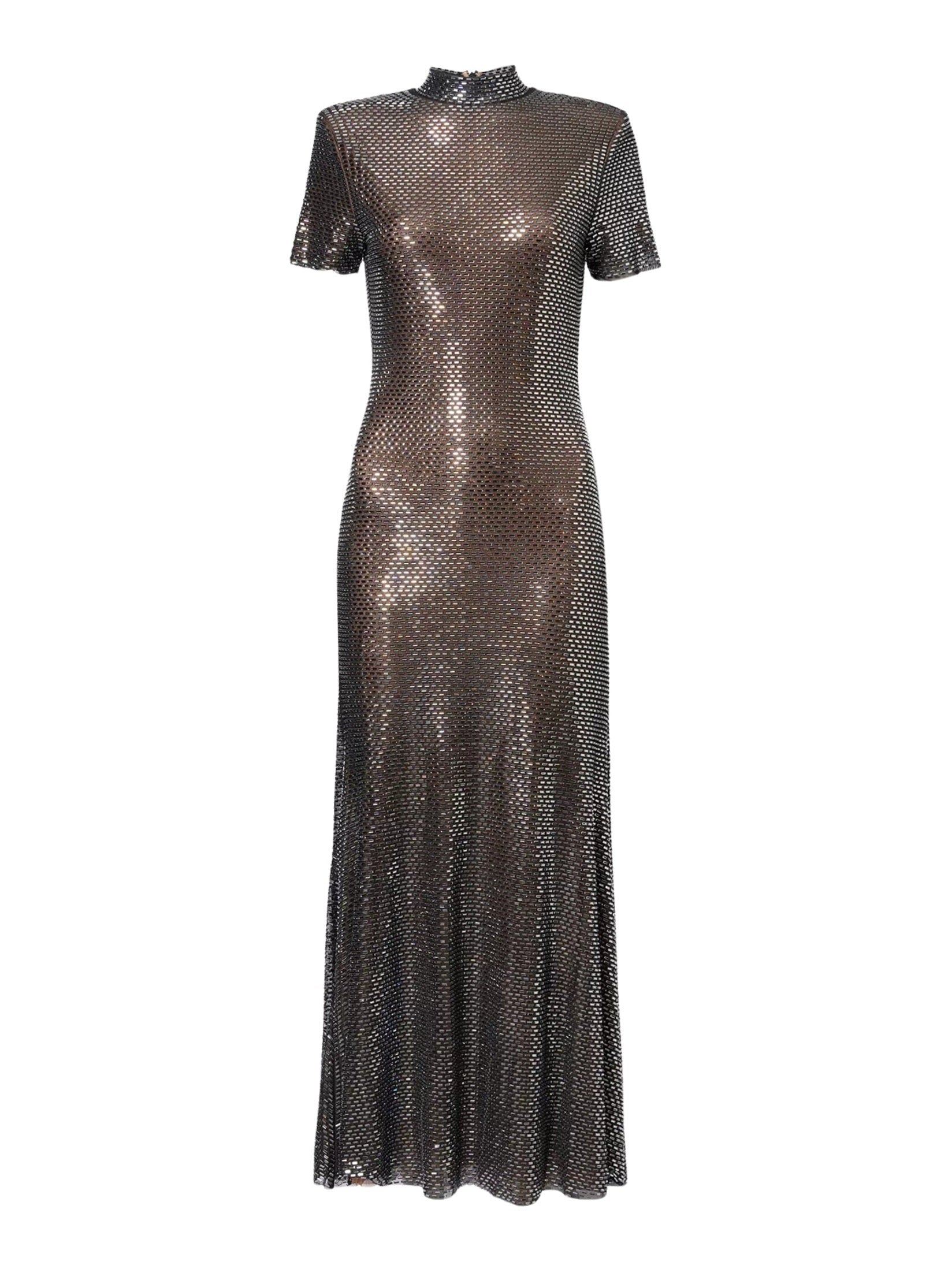 Gunmetal rhinestone mesh midi dress