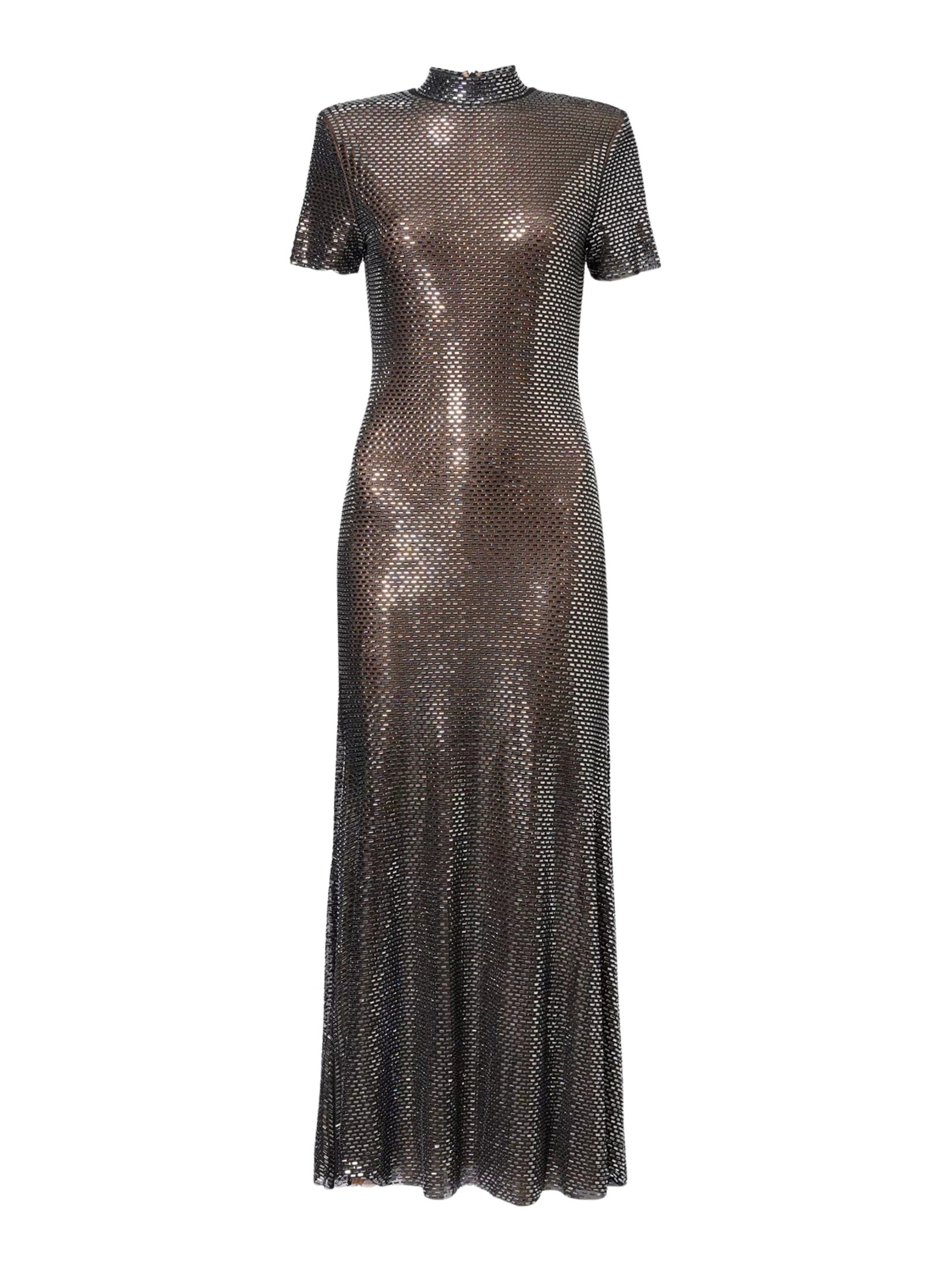 Gunmetal rhinestone mesh midi dress