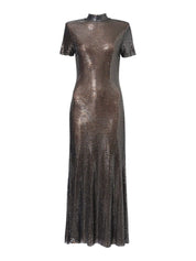 GUNMETAL RHINESTONE MESH MIDI DRESS