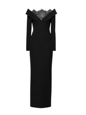 LACE INSERT CREPE COLUMN GOWN