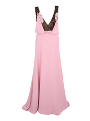 Crepe plunge gown w. chantilly lace & flower app.