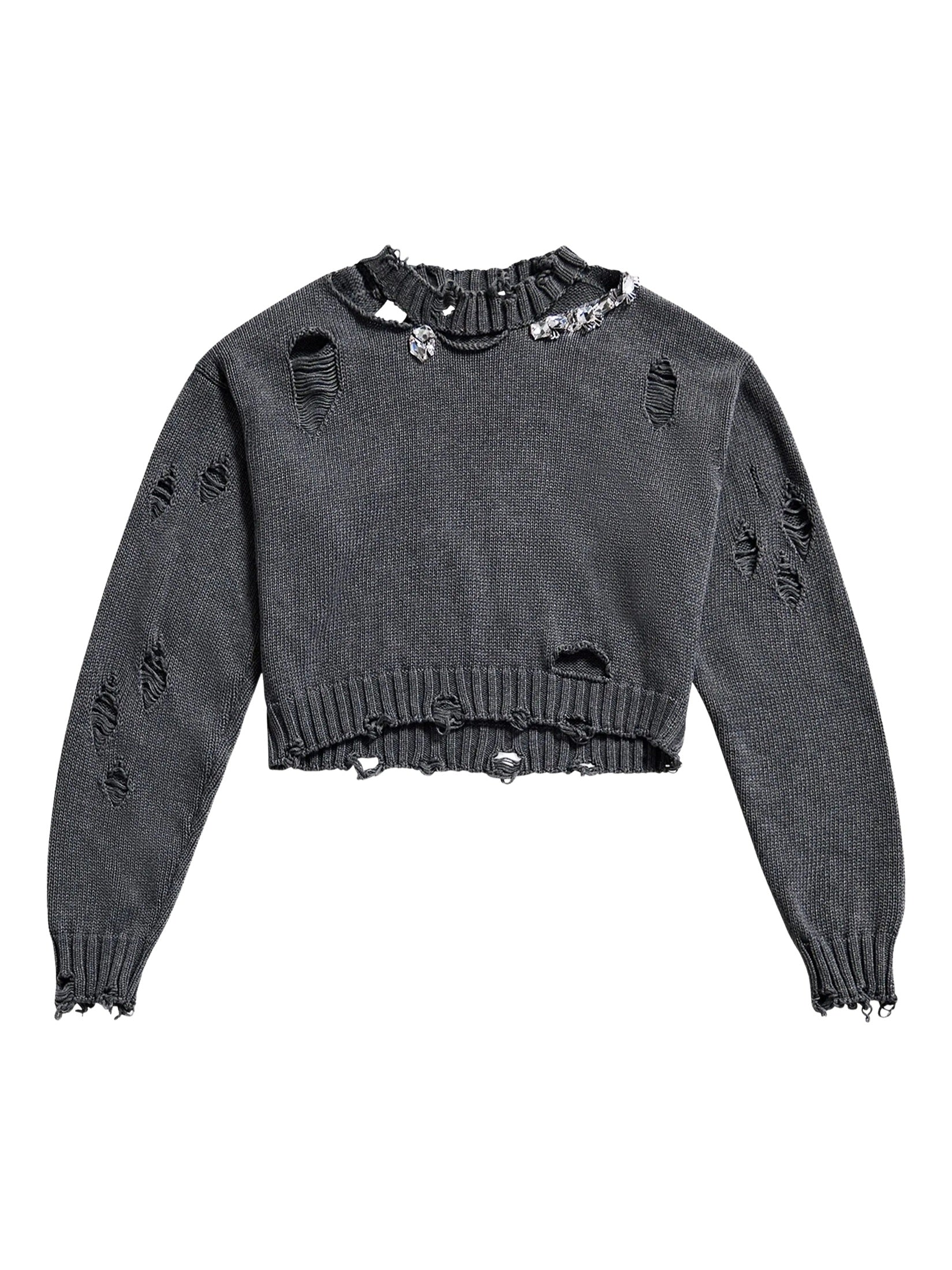 Distressed crystal crewneck sweater