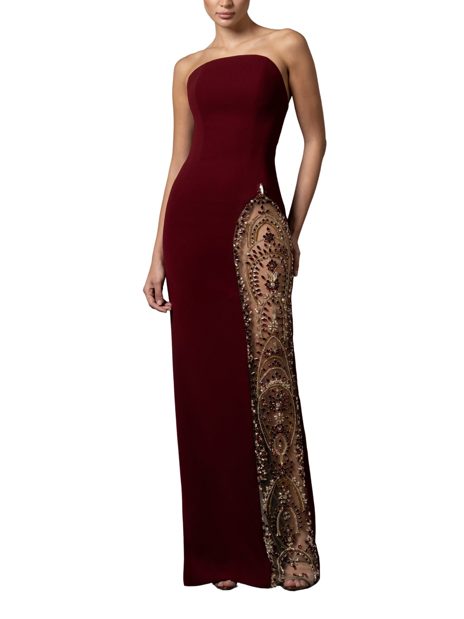Strapless dress with side slit crystal embroidery