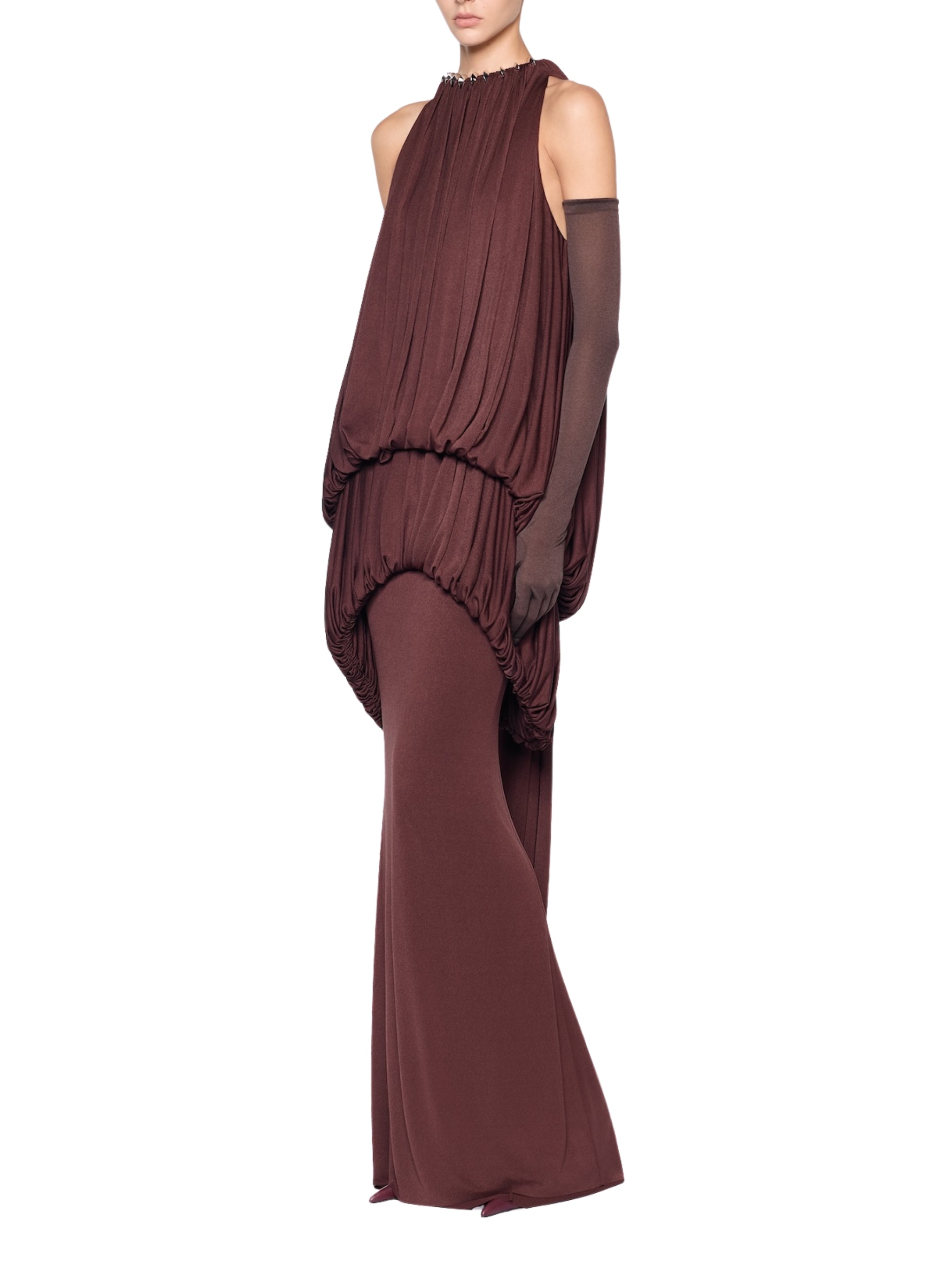 Long voluminous dress featuring a two-layer draped bodice accented with premium metal hardware details